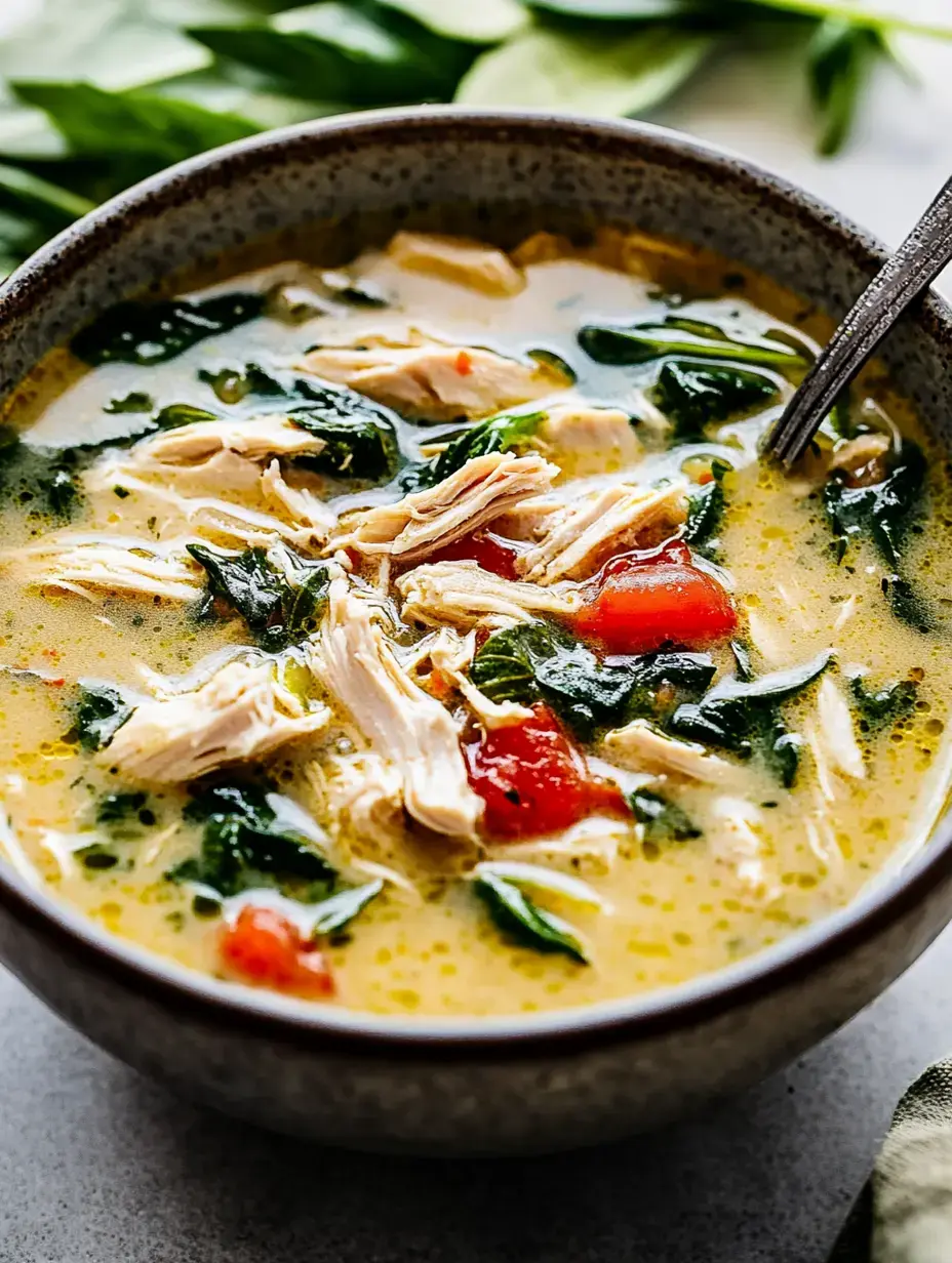 A serving of velvety chicken soup loaded with tender meat, green spinach, and bright tomato chunks, topped with herb garnish.