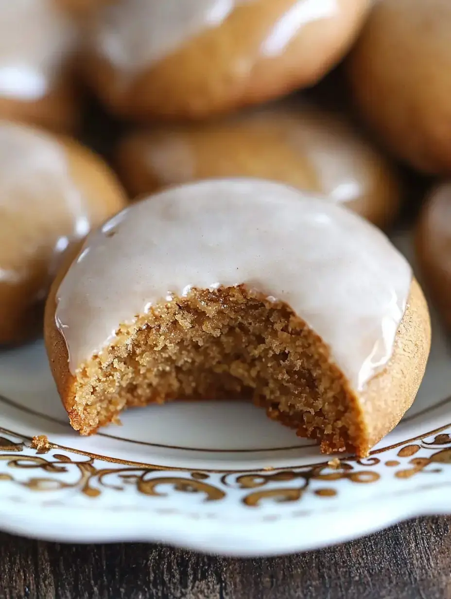 A close-up of a baked cookie with a bite taken out, revealing its soft, textured interior and a glossy icing on top, set on a decorative plate.