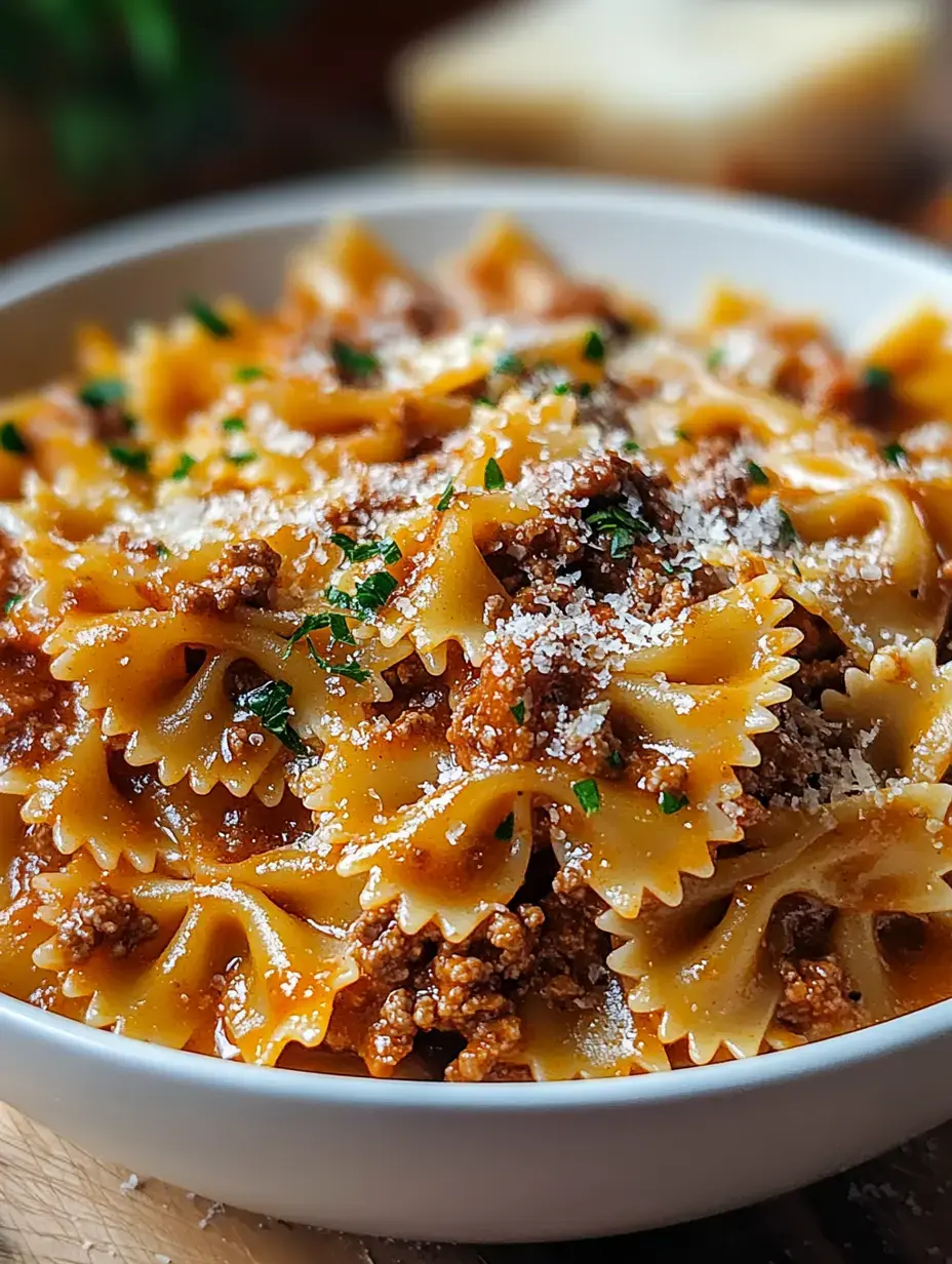 A close-up of a bowl of bow-tie pasta topped with a meaty sauce, sprinkled with parsley and grated cheese.