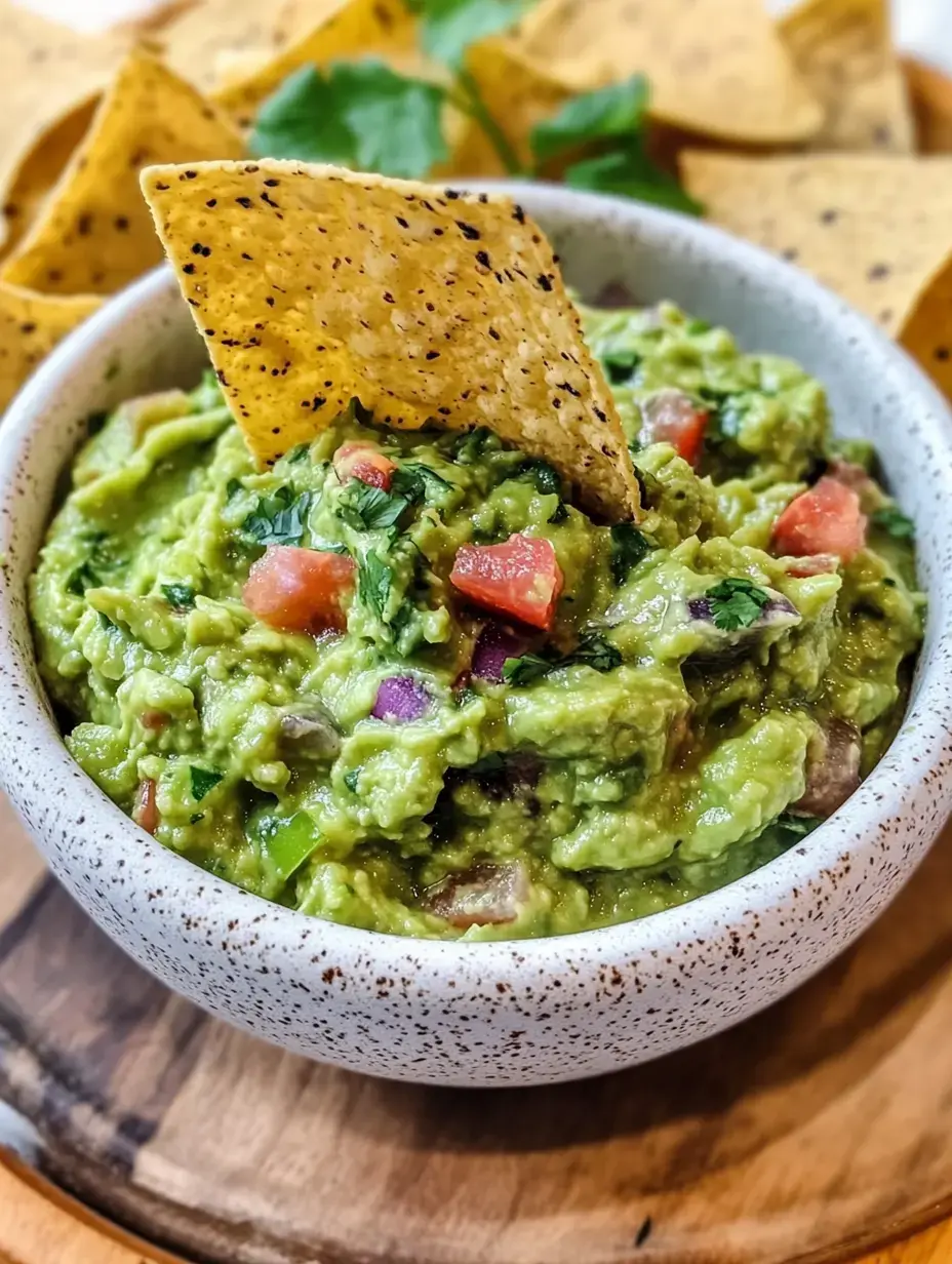 A bowl of guacamole, garnished with diced tomatoes and cilantro, is accompanied by tortilla chips.