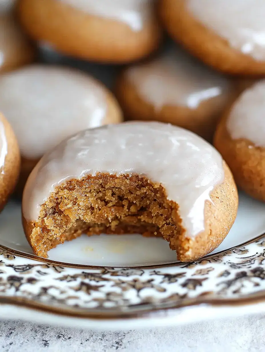 A close-up of a partially eaten cookie with a glossy icing on a decorative plate, surrounded by other intact cookies.
