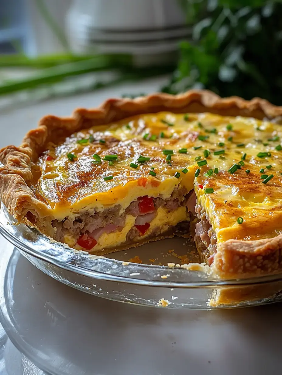 A golden-crusted savory pie featuring eggs, ham and red bell peppers sits in a glass dish with one slice removed showing its layered interior.