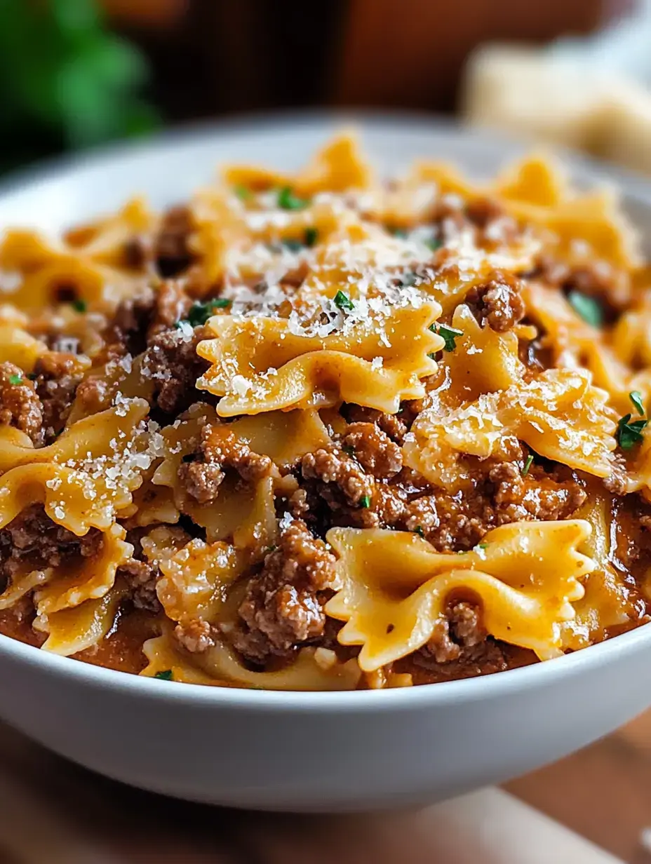 A bowl of farfalle pasta is topped with ground meat and grated cheese, garnished with green herbs.