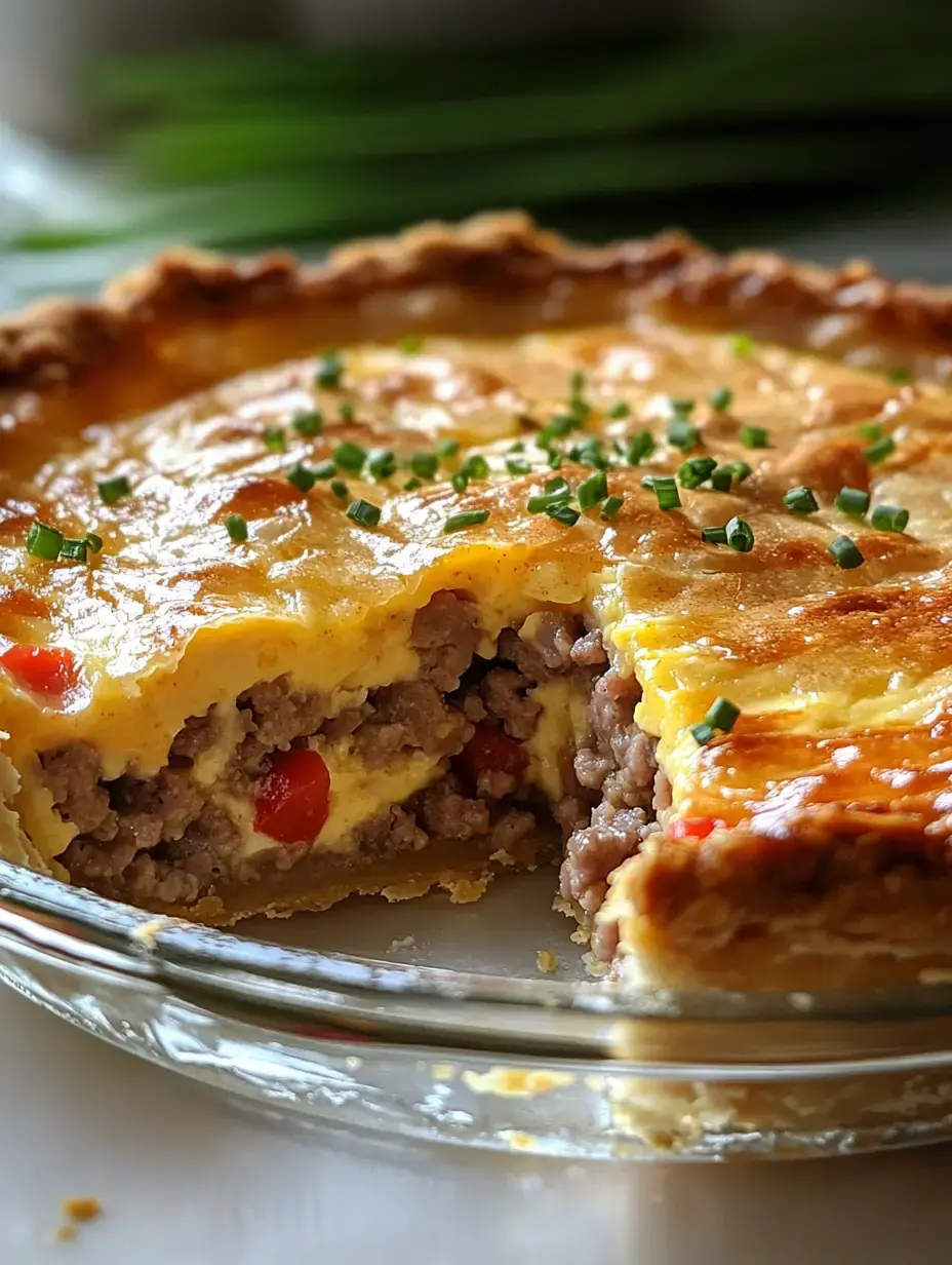 A rich savory pie containing ground meat, eggs and red peppers with melted cheese on top and fresh chives sprinkled as garnish.
