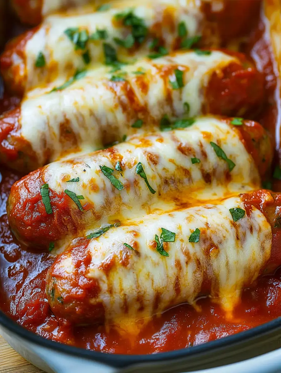 A close-up view of stuffed sausages baked in tomato sauce, topped with melted cheese and garnished with fresh herbs.