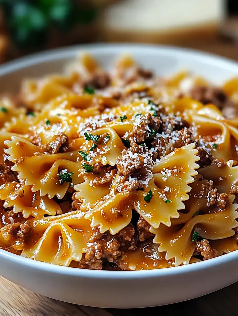 A close-up of a bowl of farfalle pasta topped with a savory meat sauce and garnished with parsley and grated cheese.