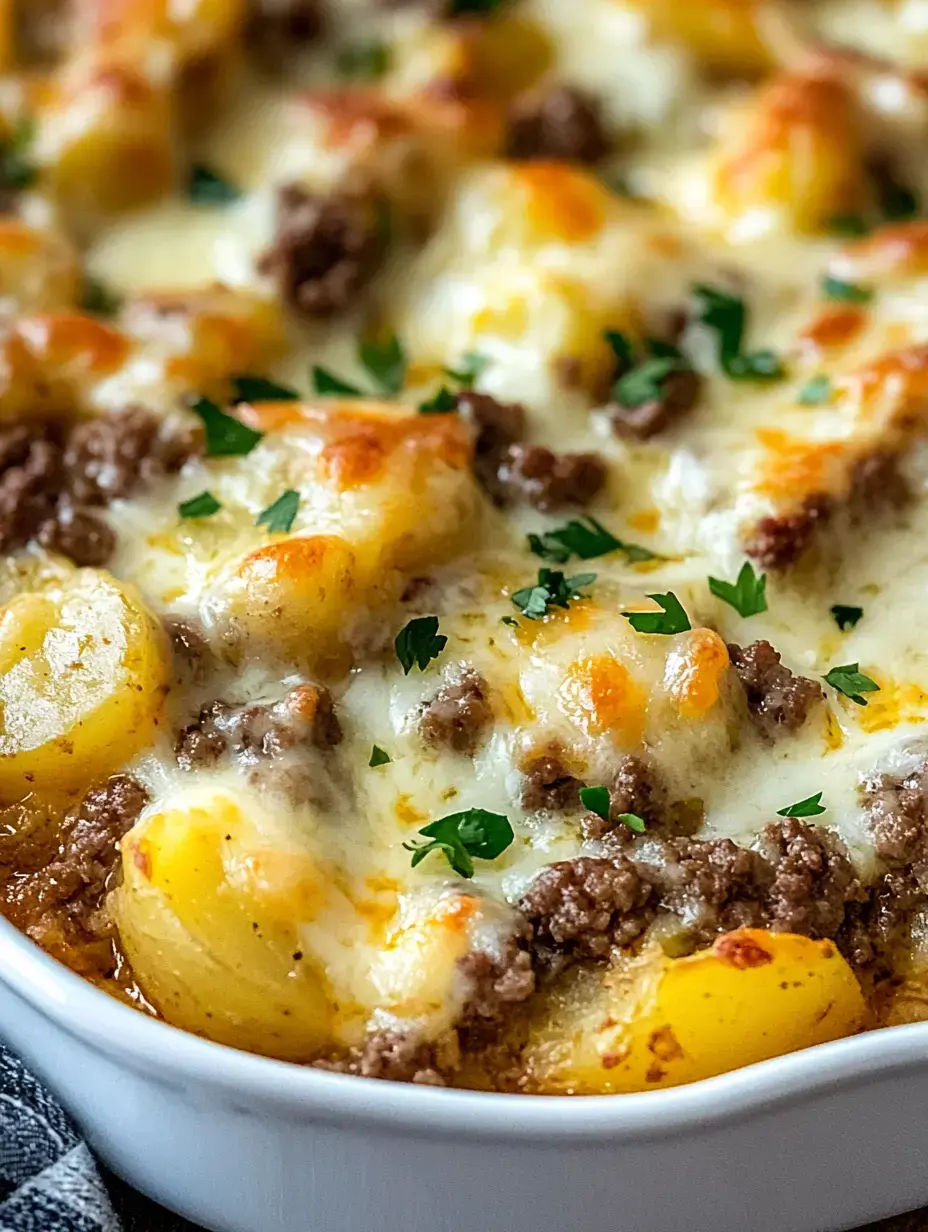 A close-up of a cheesy baked dish featuring ground beef, pasta, and melted cheese, garnished with parsley.