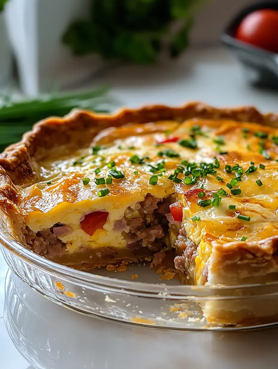 A freshly baked pie with golden crust featuring meat, veggies and cheese filling, cut open and decorated with freshly chopped chives.