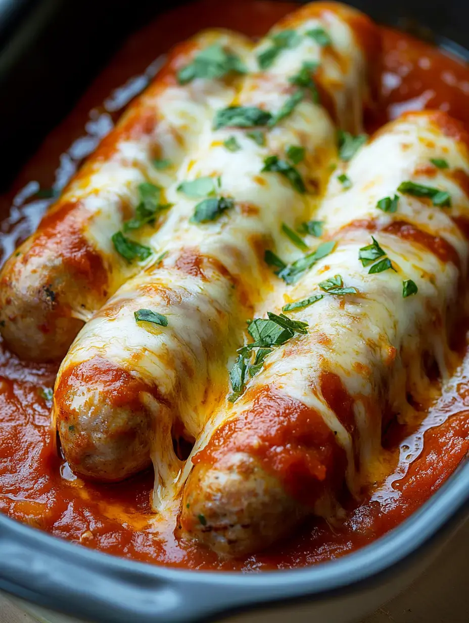 Three cheesy sausages topped with herbs are baked in a rich tomato sauce.