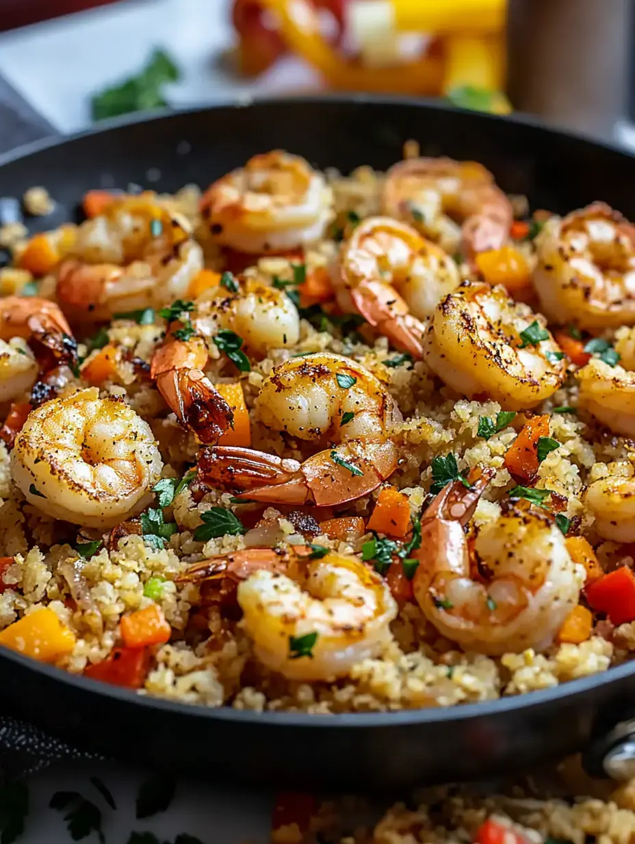 A skillet filled with seasoned shrimp and colorful vegetables mixed with couscous, garnished with fresh herbs.