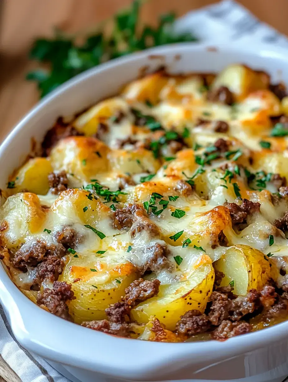 A close-up of a baked dish featuring layered yellow potatoes, ground beef, and melted cheese, garnished with fresh parsley.