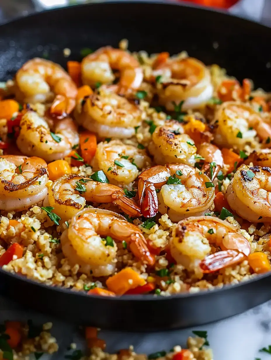 A skillet filled with sautéed shrimp, couscous, and colorful diced vegetables, garnished with parsley.