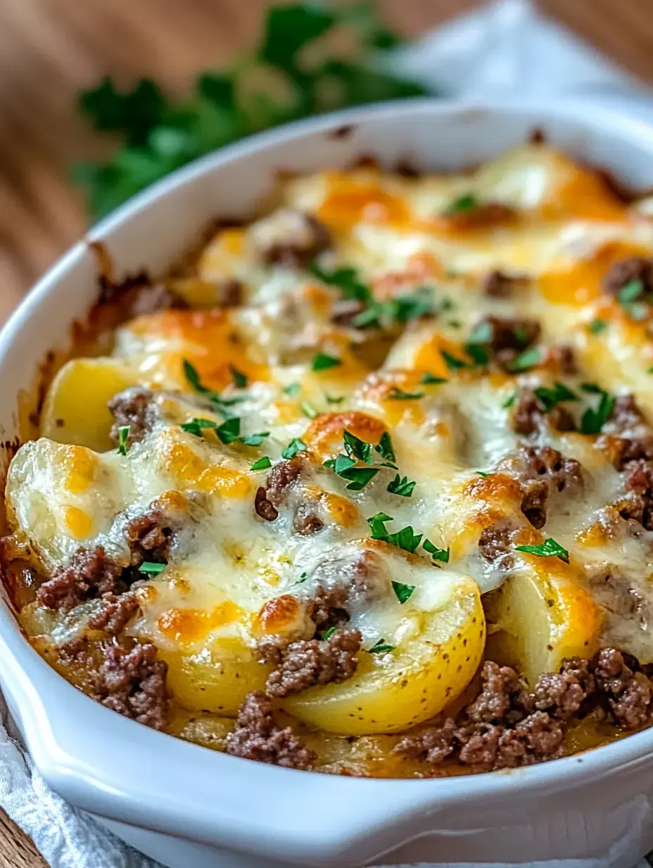 A close-up of a baked dish featuring pasta shells, ground beef, melted cheese, and garnished with parsley.