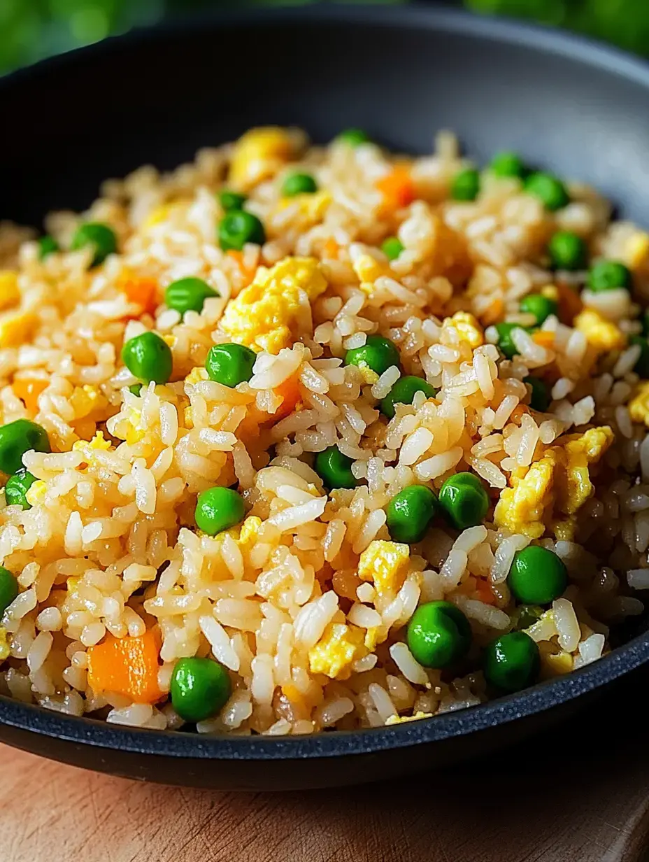 A close-up view of a bowl of fried rice mixed with green peas and scrambled eggs.