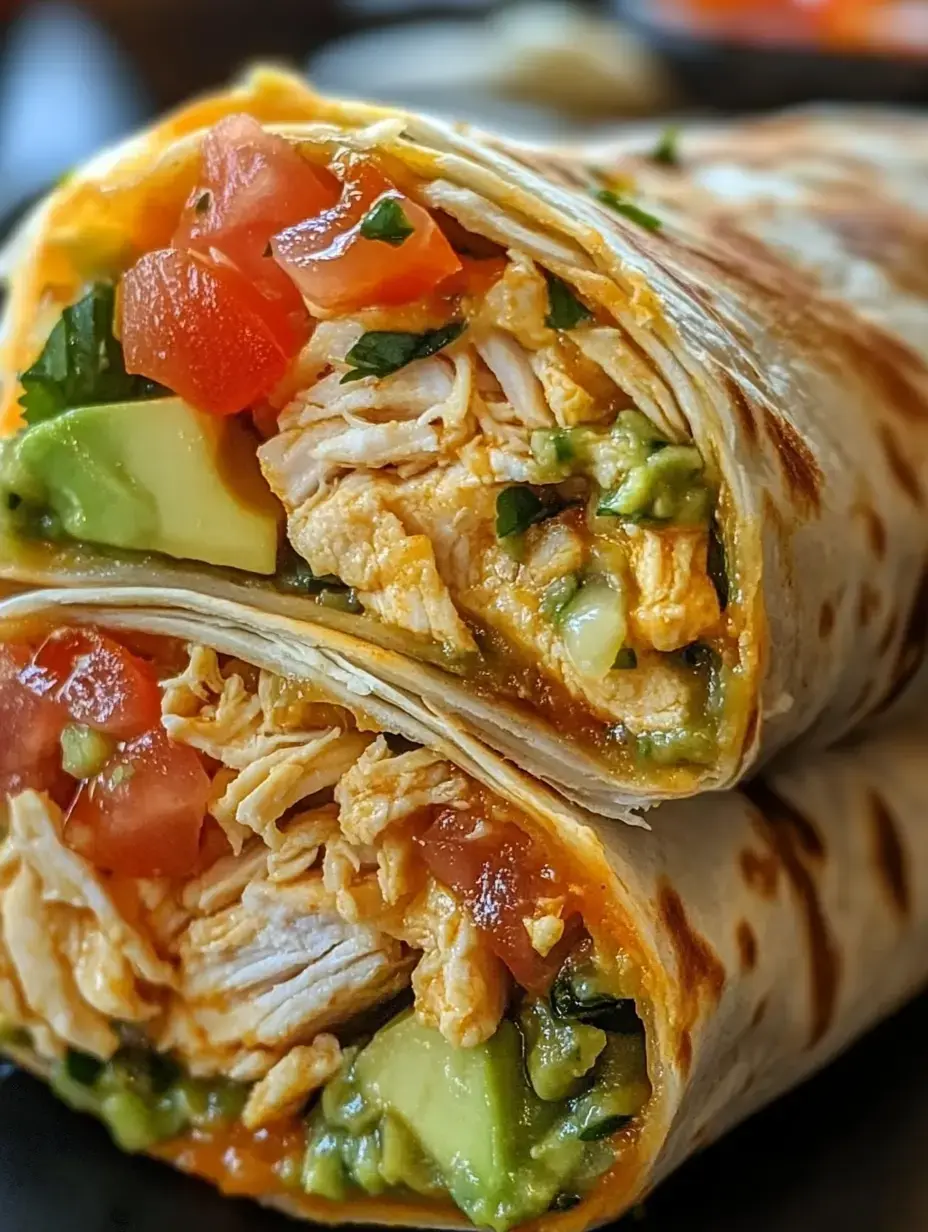 A close-up image of a cut burrito filled with shredded chicken, avocado, tomatoes, and green herbs.