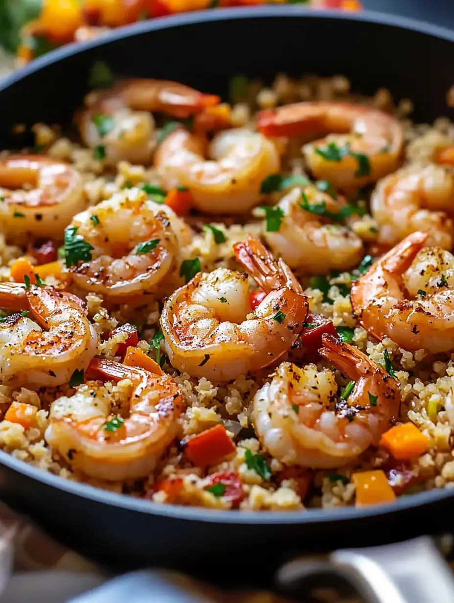 A skillet filled with sautéed shrimp on a bed of couscous and colorful vegetables, garnished with green herbs.