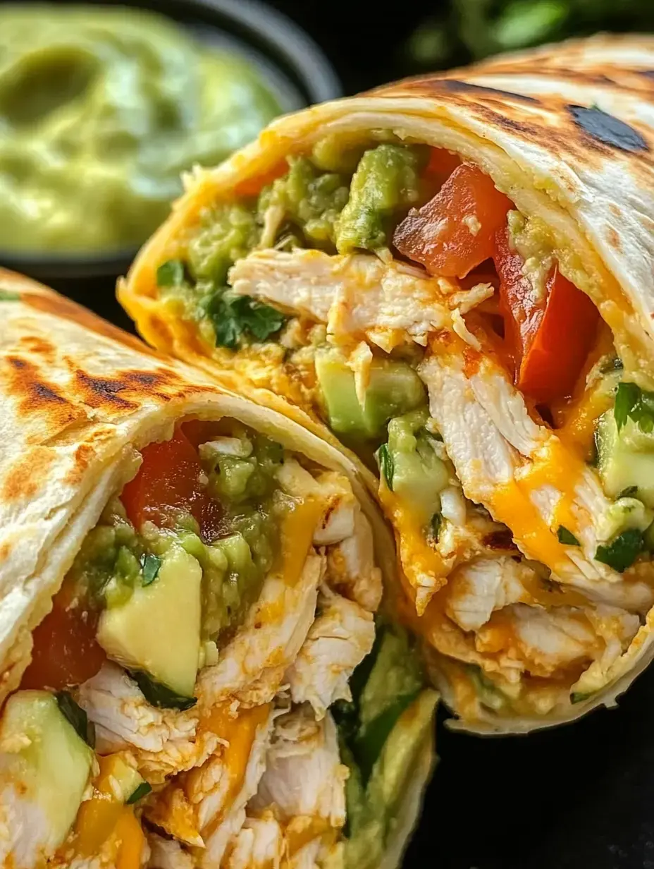 Two freshly grilled burritos filled with shredded chicken, cheese, tomatoes, and guacamole, served with a side of green sauce.