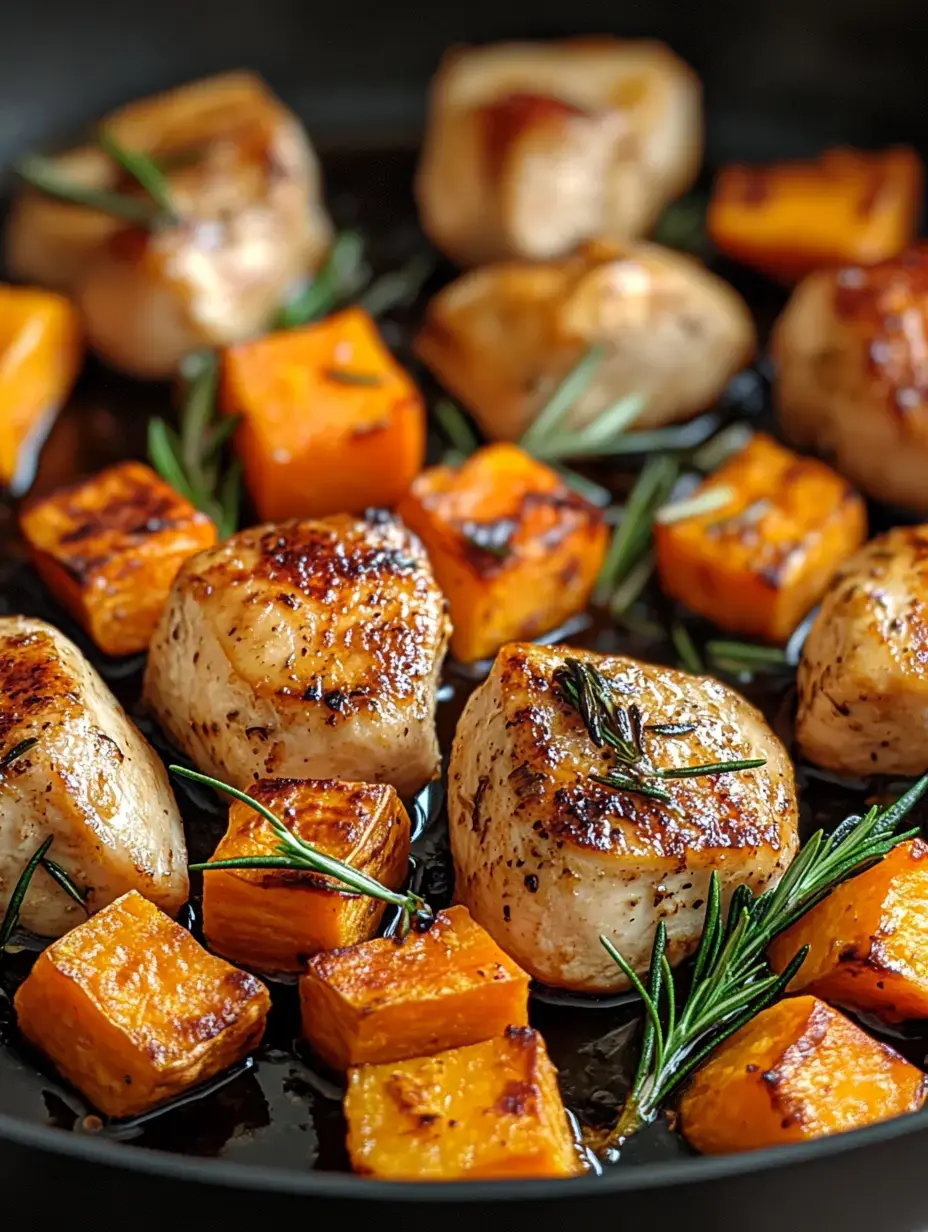 A close-up of seared chicken pieces and roasted butternut squash, garnished with fresh rosemary, sizzling in a skillet.