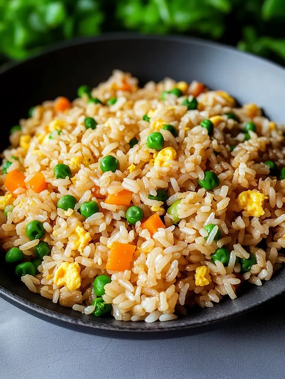 A close-up view of a bowl of fried rice mixed with peas, diced carrots, and scrambled eggs.
