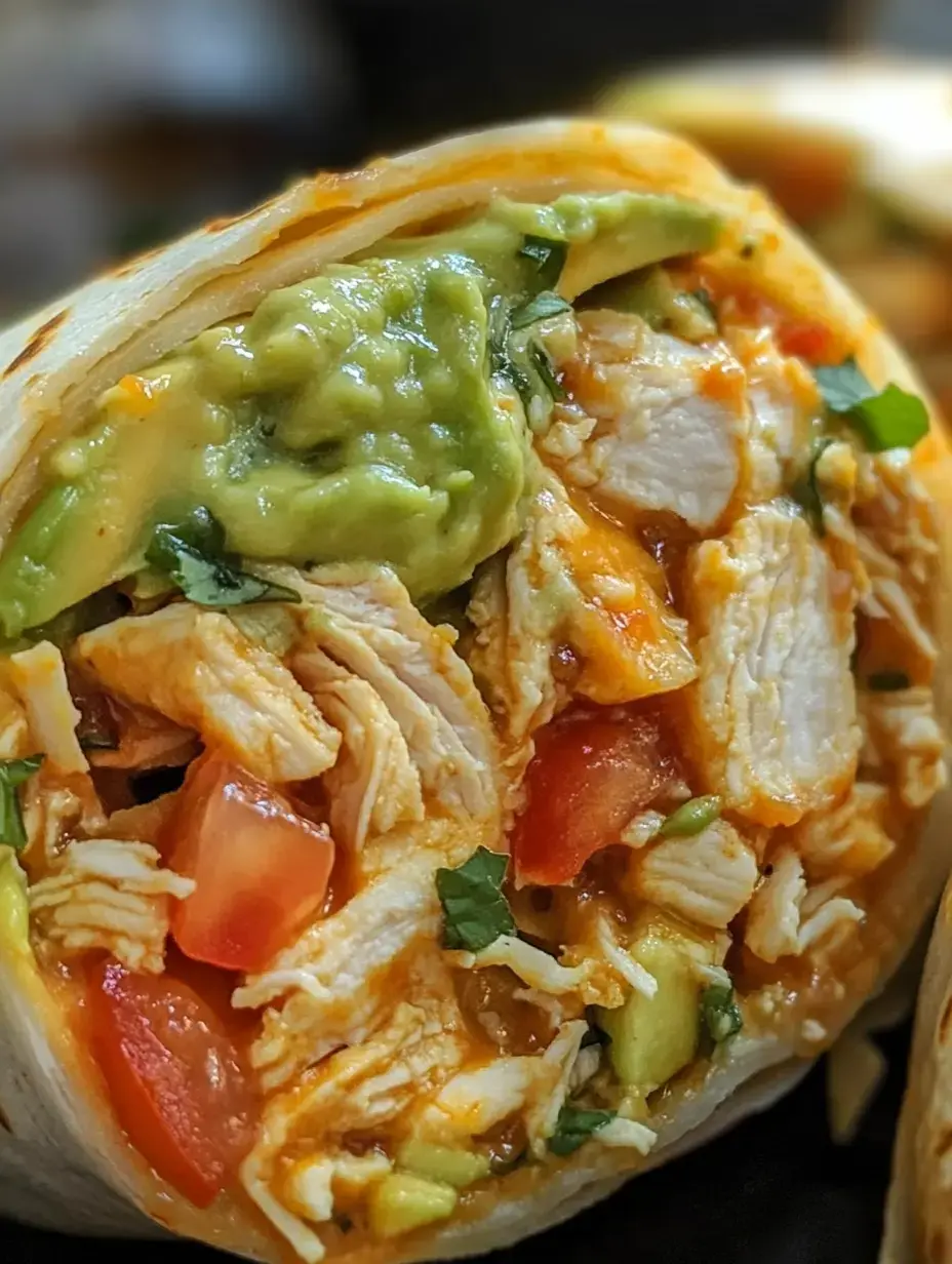 A close-up of a sliced burrito filled with shredded chicken, guacamole, diced tomatoes, and cheese.