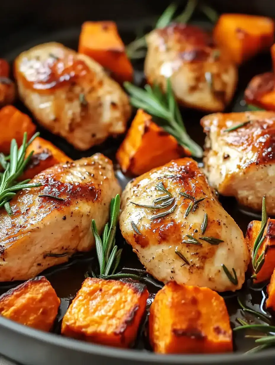 A close-up of roasted chicken breasts and orange sweet potato cubes garnished with fresh rosemary in a dark roasting pan.