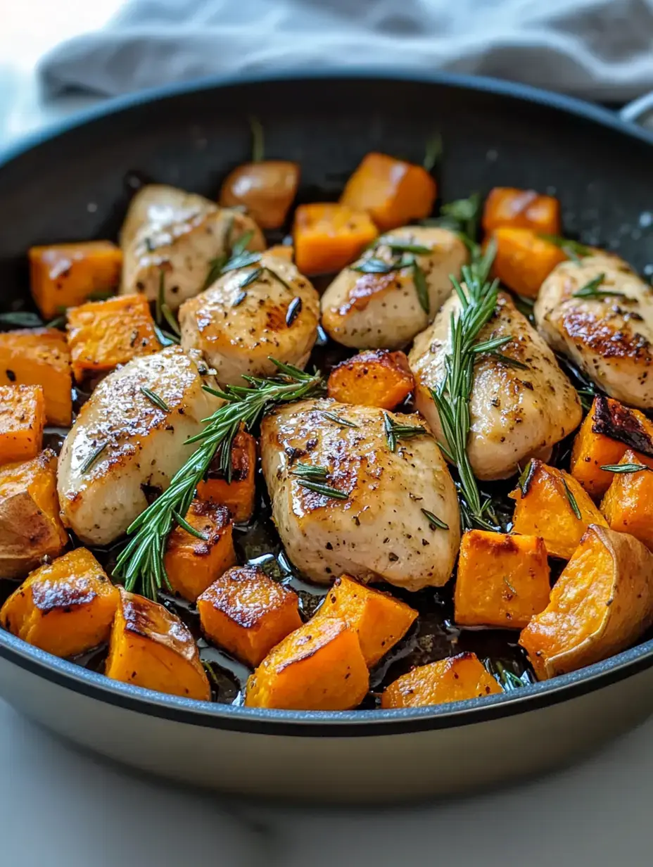 A skillet with roasted chicken breasts and diced butternut squash garnished with fresh rosemary.