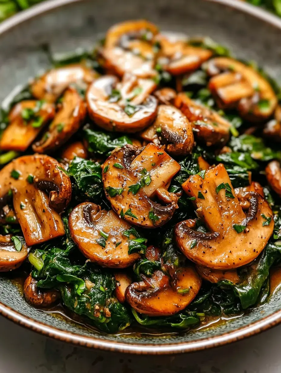 A close-up of sautéed mushrooms and spinach seasoned with herbs in a decorative bowl.