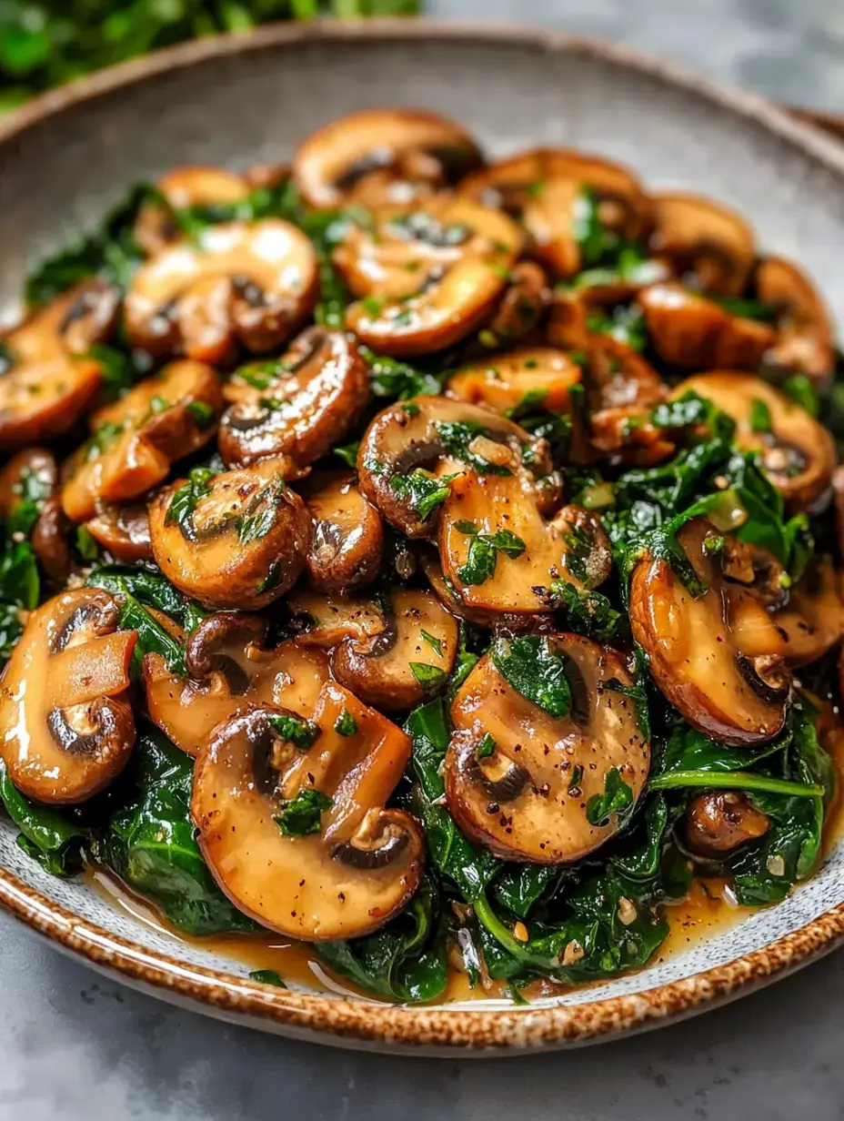 Sautéed mushrooms and spinach garnished with herbs in a decorative bowl.