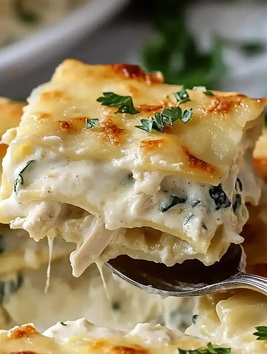 A close-up of a slice of creamy chicken lasagna garnished with parsley, held by a spoon.