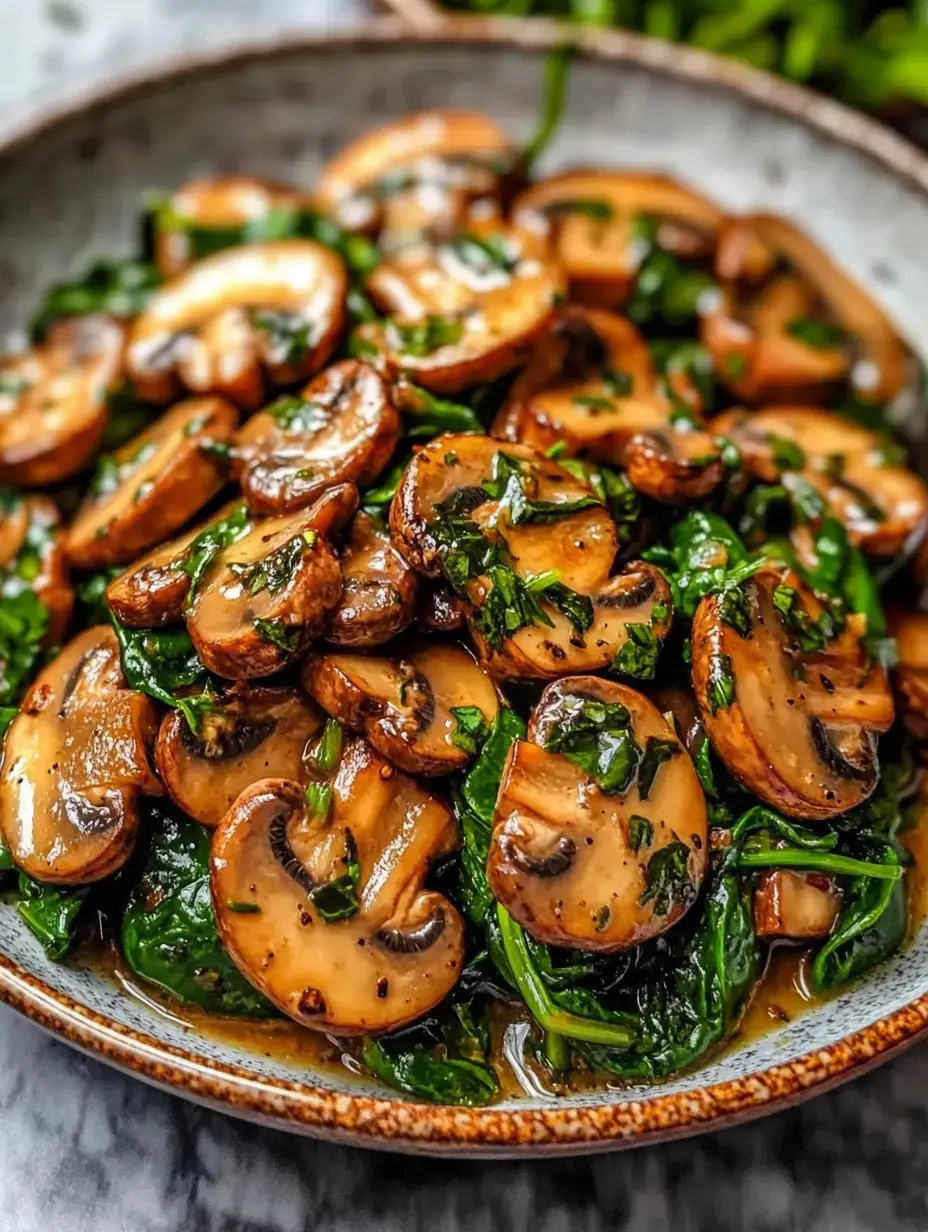 A bowl of sautéed mushrooms and spinach garnished with herbs in a savory sauce.