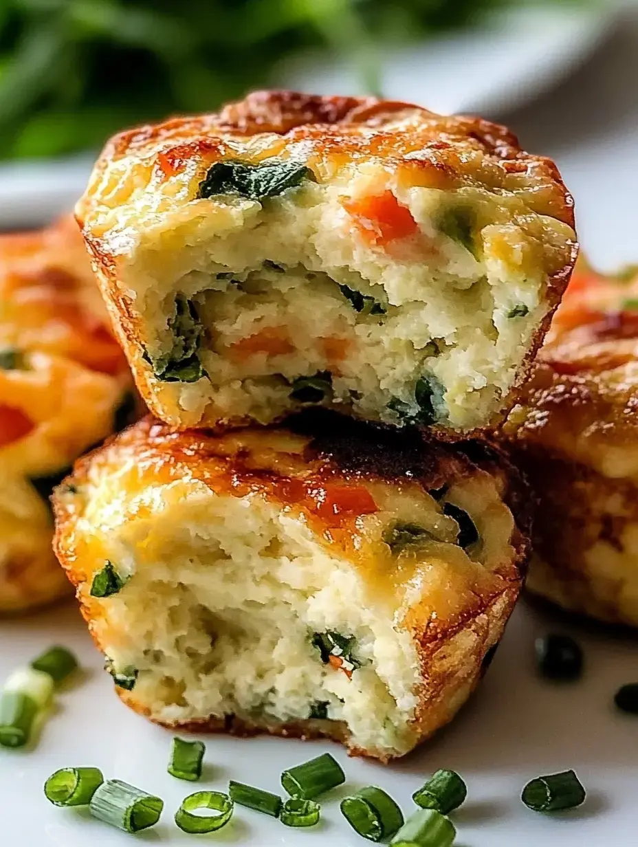 A close-up of freshly baked savory muffins, one cut in half to reveal a fluffy interior with green herbs and vegetables.