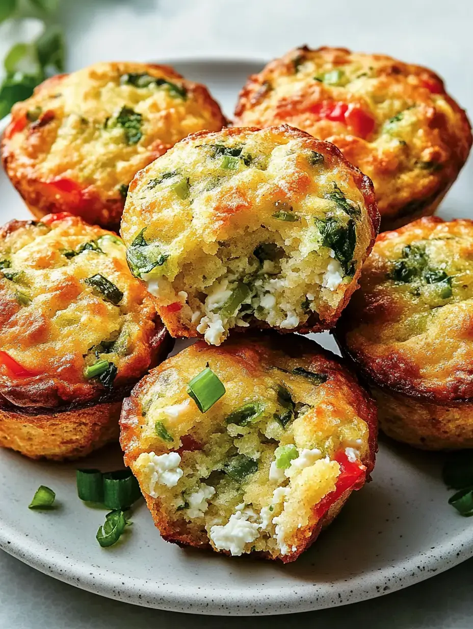 A plate of baked muffins filled with spinach, cheese, and diced vegetables, with one muffin cut in half to show the interior.