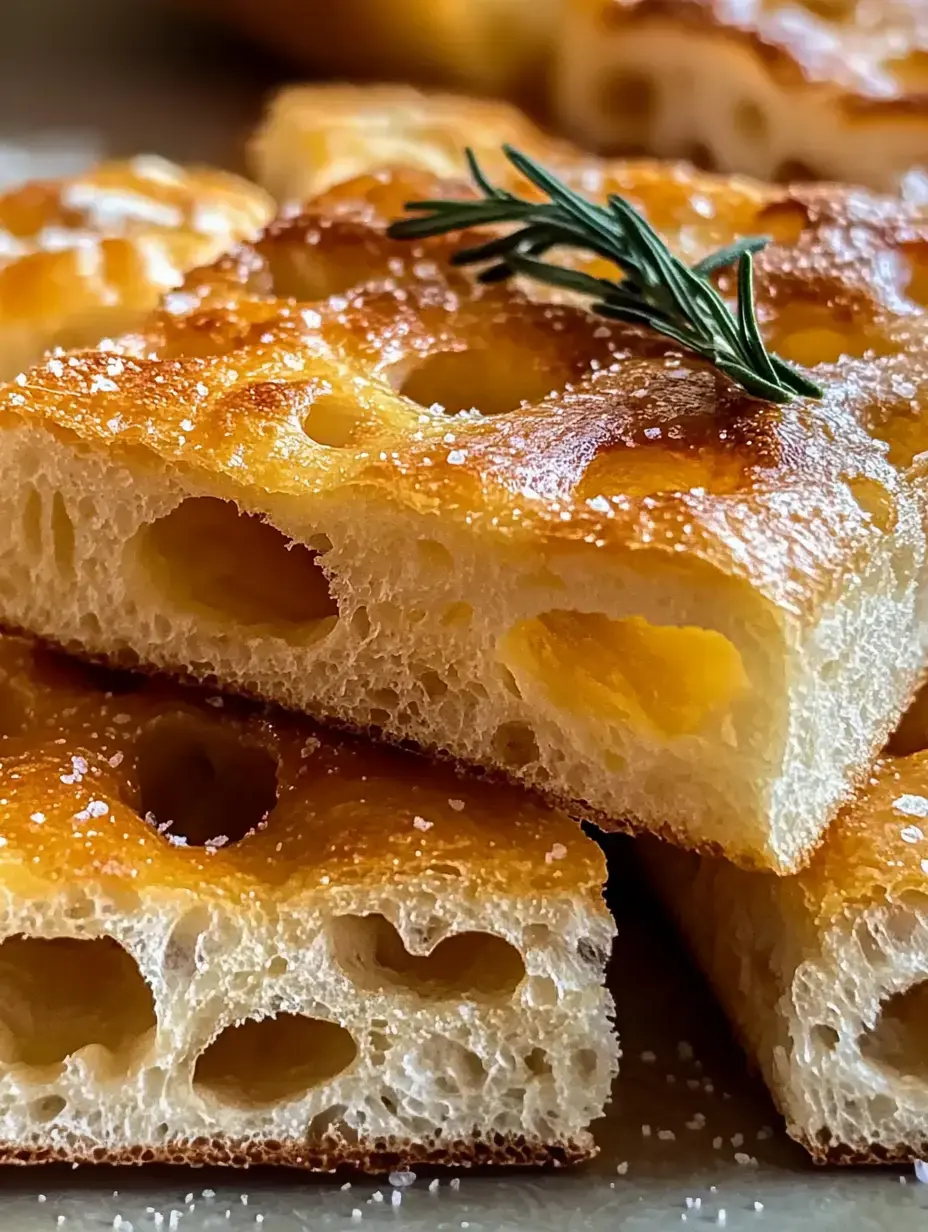 A delicious golden-brown focaccia with visible air pockets, garnished with rosemary sprigs and sea salt flakes on top.