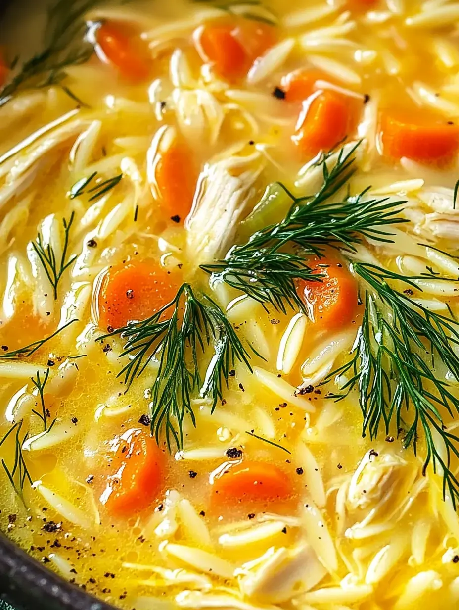 A zoomed-in view of a rich, creamy soup featuring orzo, carrot pieces, and dill sprigs on the surface.