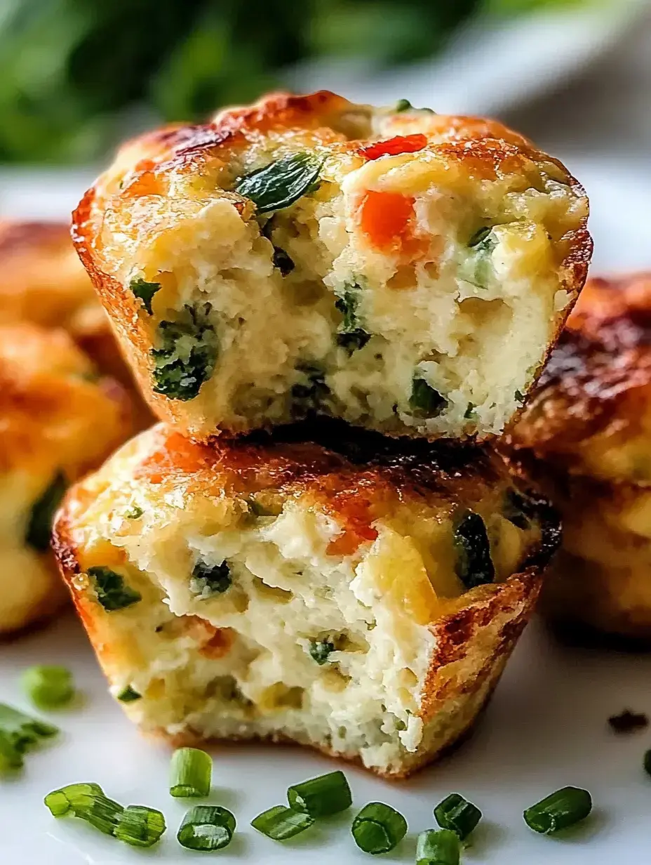 A close-up of a halved savory muffin, revealing its fluffy interior with bits of vegetables and herbs, surrounded by scattered green onion pieces.