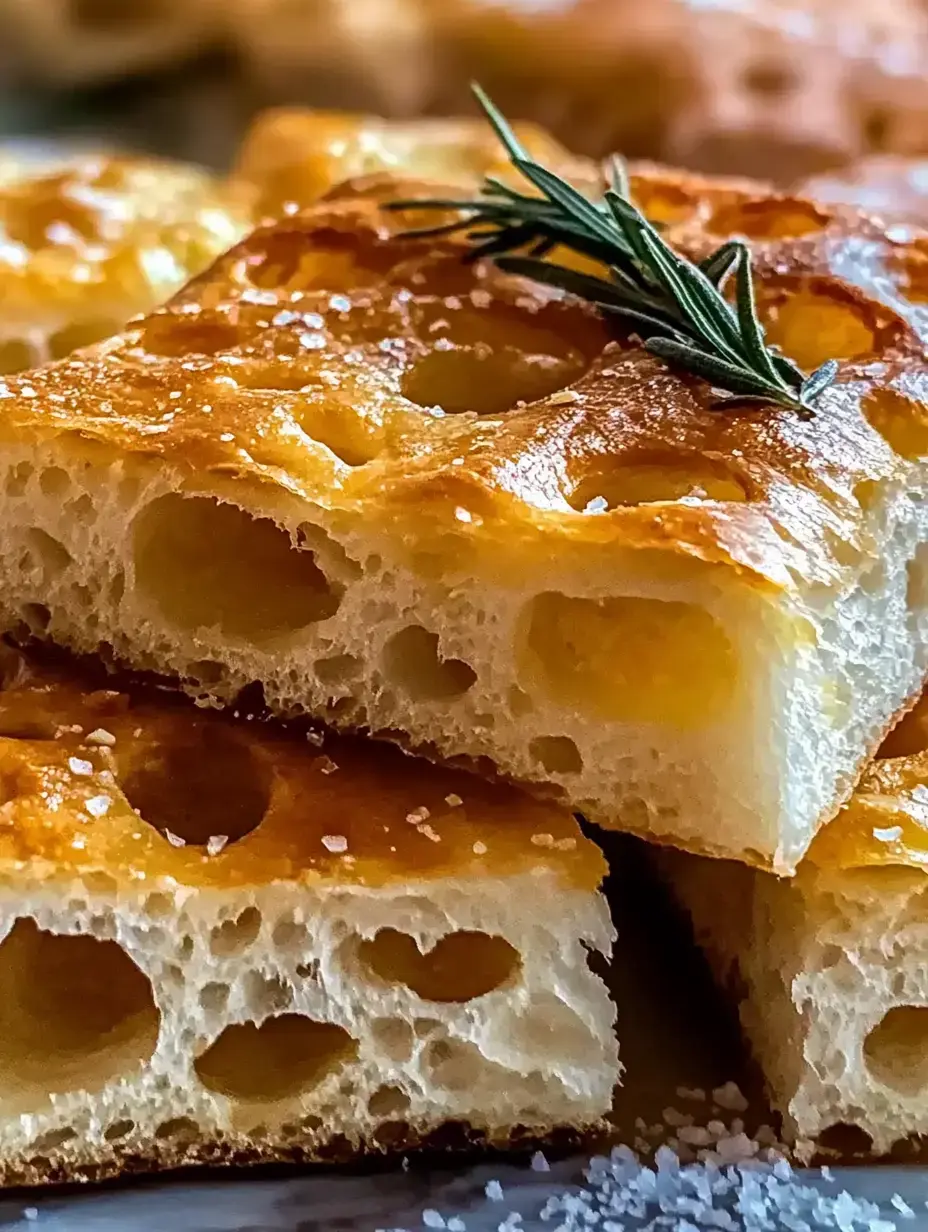 A tasty focaccia bread close-up showing its fluffy interior with holes, topped with fresh rosemary and salt crystals.