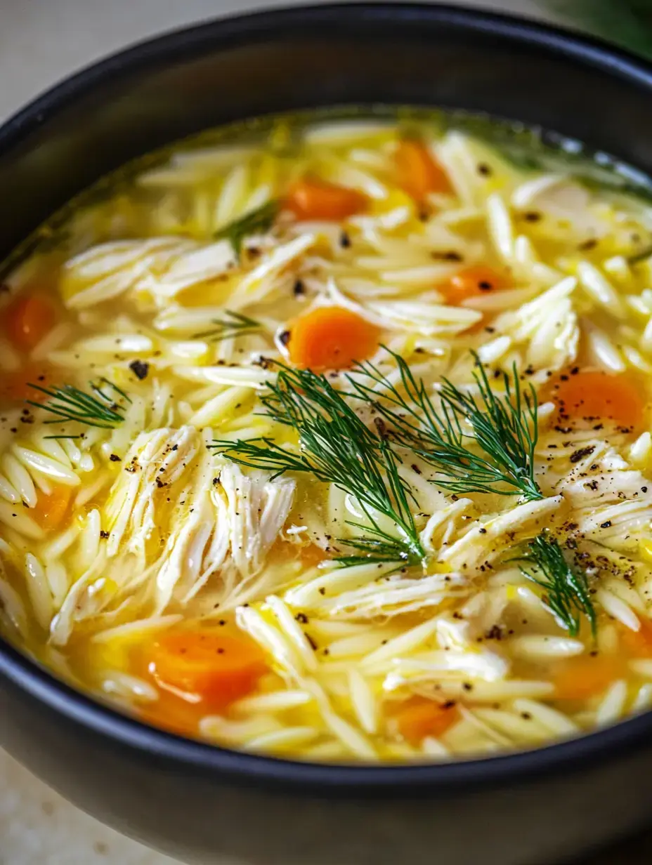 A detailed view of chicken soup containing orzo pasta, carrot pieces and dill sprigs, with black pepper on top.
