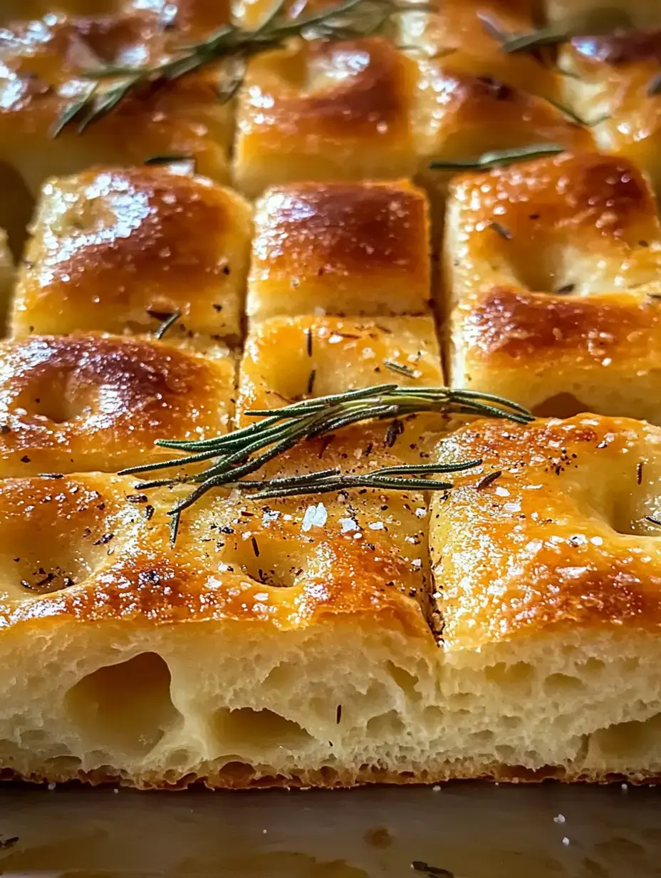 A gorgeous golden focaccia with visible rosemary sprigs and chunky sea salt scattered across its dimpled surface.
