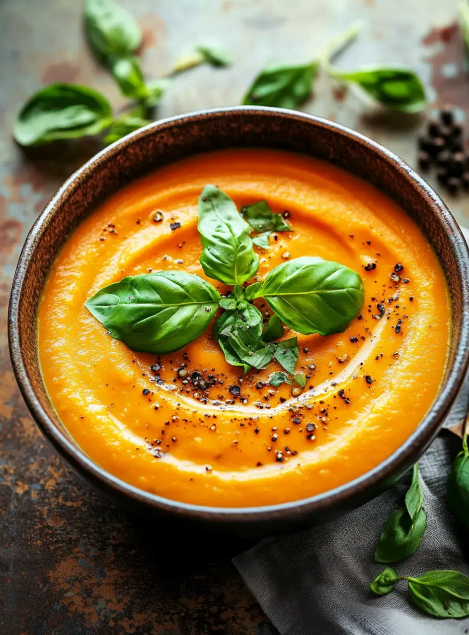 A bowl of creamy orange soup topped with fresh basil leaves and black pepper, surrounded by basil sprigs on a textured surface.