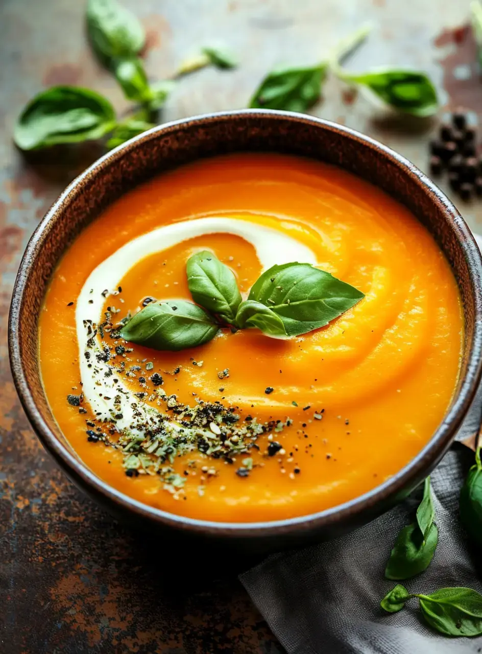 A bowl of vibrant orange soup is garnished with fresh basil leaves, a swirl of cream, and sprinkled with herbs and spices.
