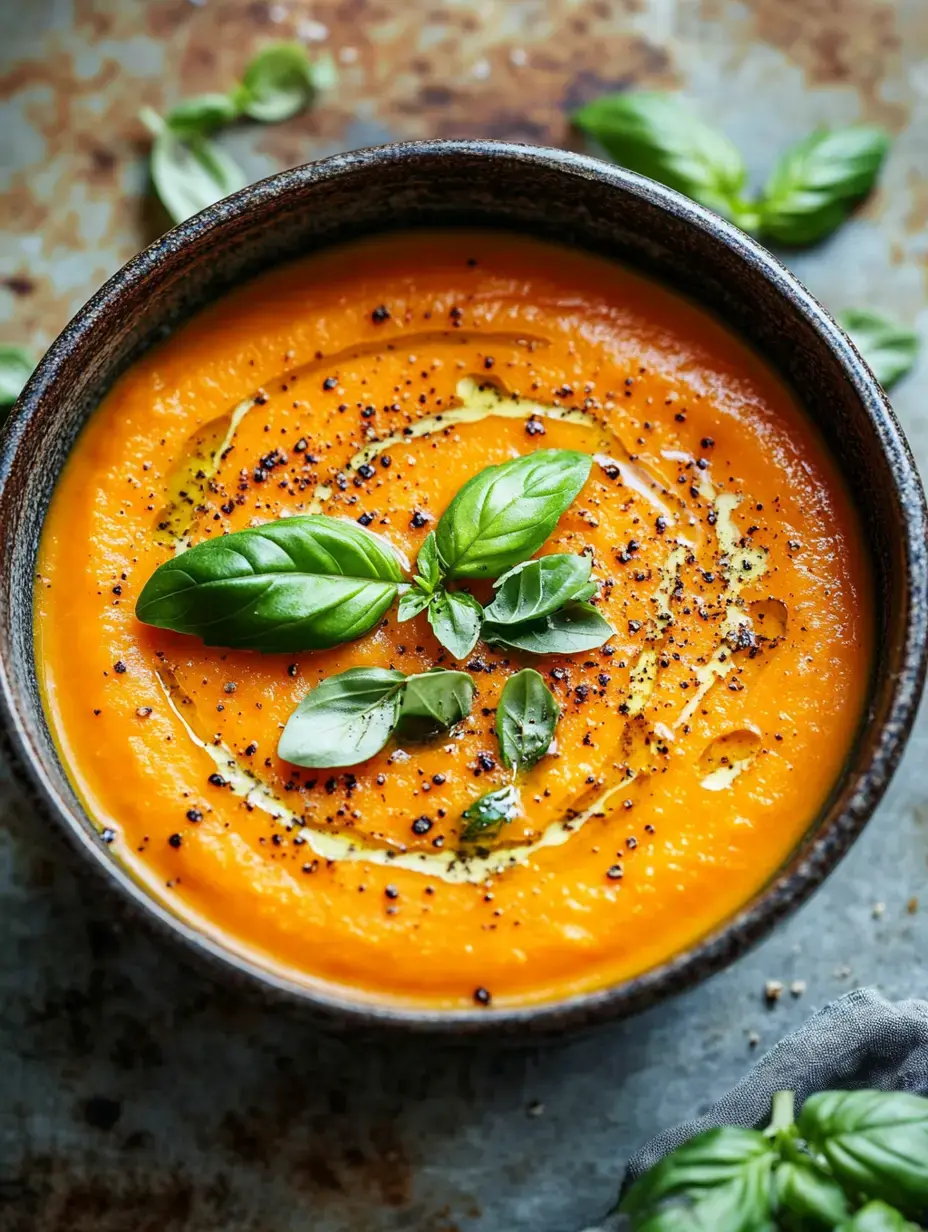 A bowl of vibrant orange soup topped with fresh basil leaves, a drizzle of olive oil, and black pepper, set against a rustic background.