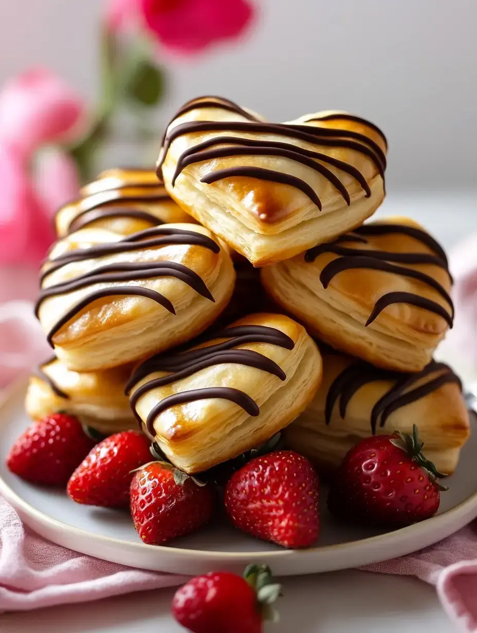 A plate of heart-shaped pastries drizzled with chocolate, surrounded by fresh strawberries.