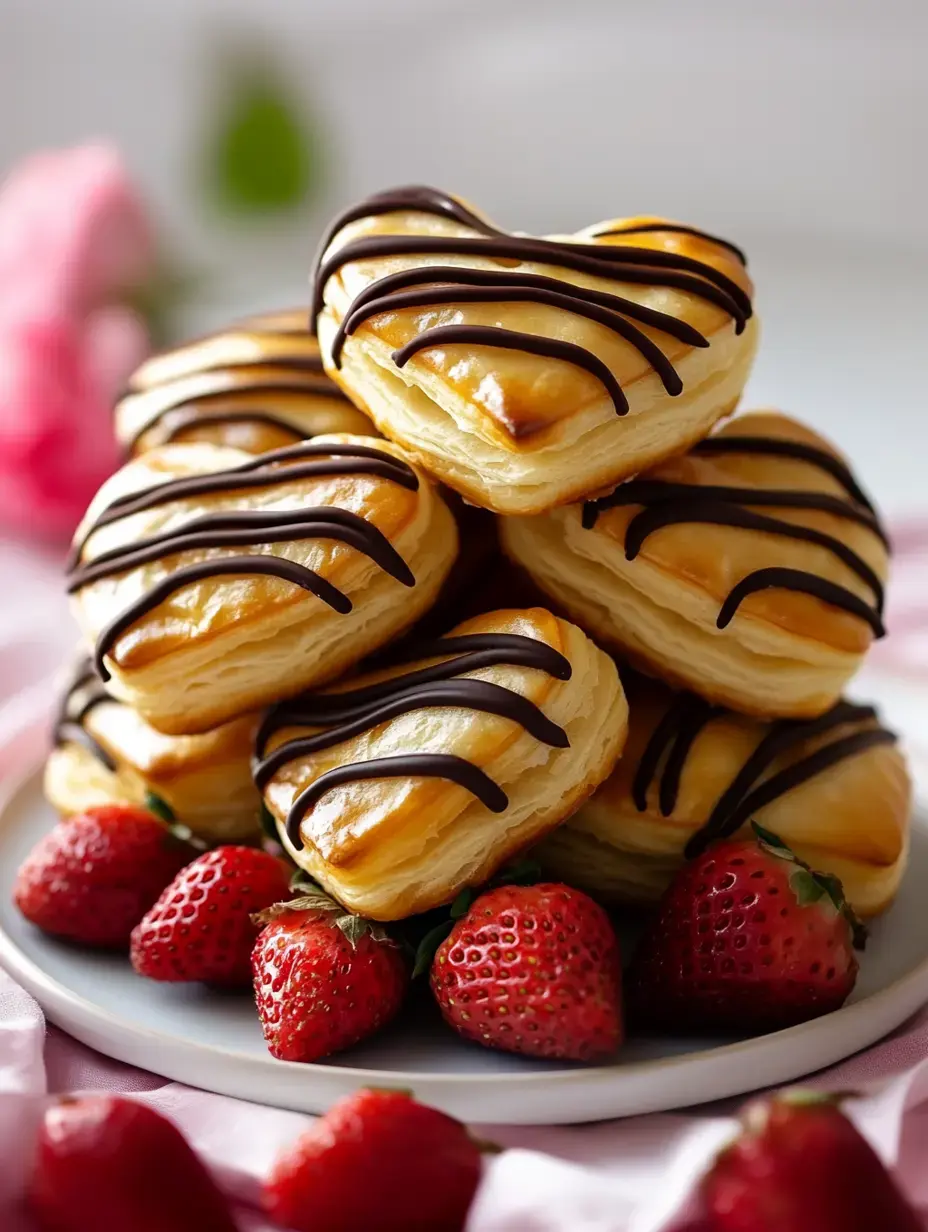 A plate of heart-shaped pastries drizzled with chocolate, surrounded by fresh strawberries.