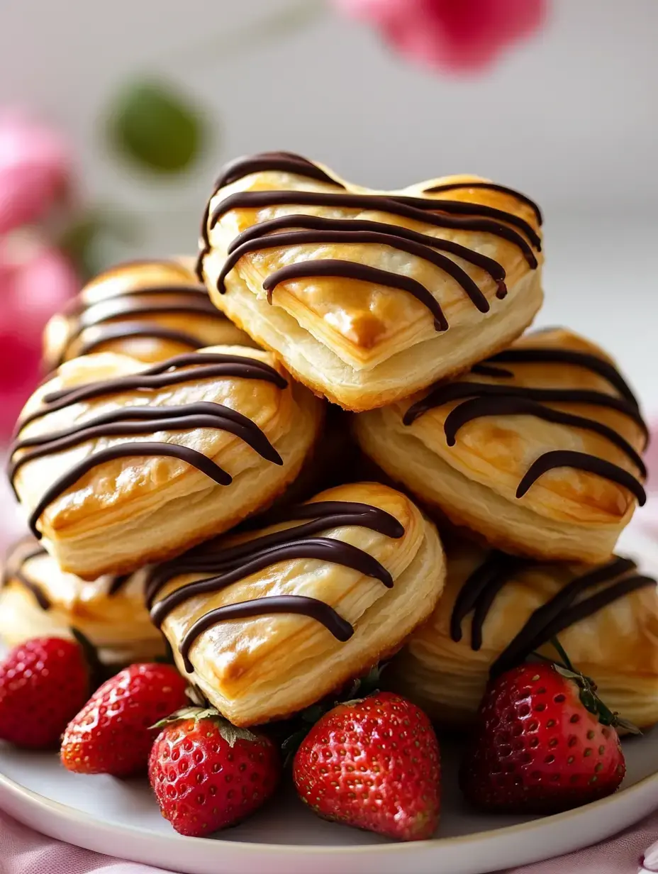 A plate of heart-shaped pastries drizzled with chocolate, surrounded by fresh strawberries.