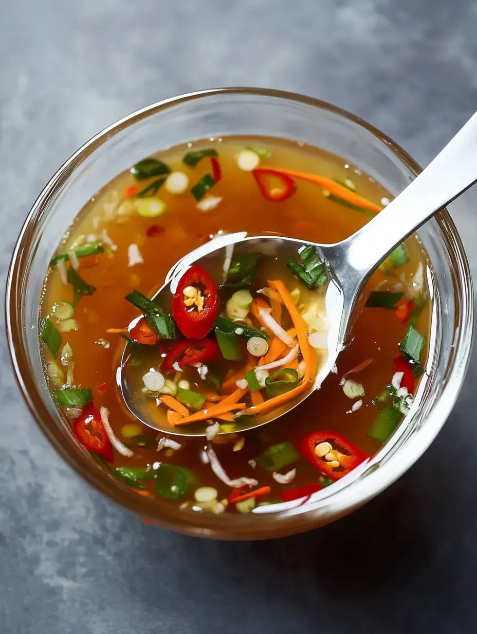 A close-up of a glass bowl filled with vibrant Thai-style dipping sauce, featuring sliced red chilies, green onions, and shredded carrots, with a silver spoon resting inside.