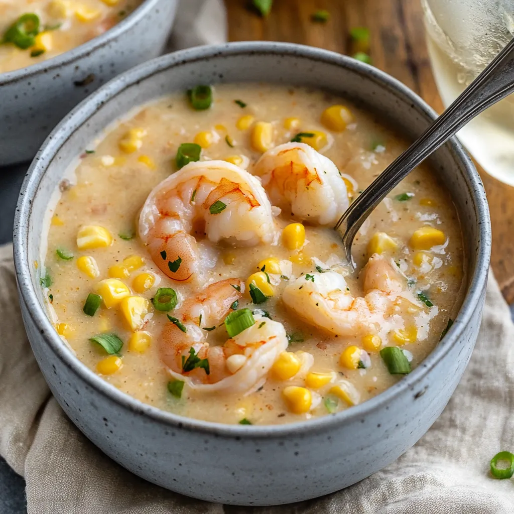 Hearty shrimp and corn soup with fresh shrimp and corn in a creamy broth.