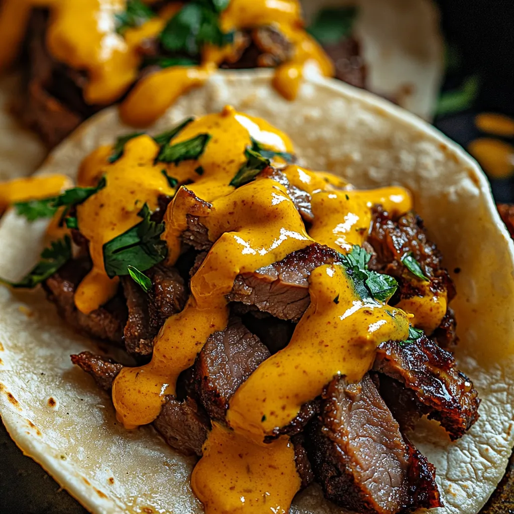 Mouthwatering cheesy beef street tacos topped with creamy sauce.