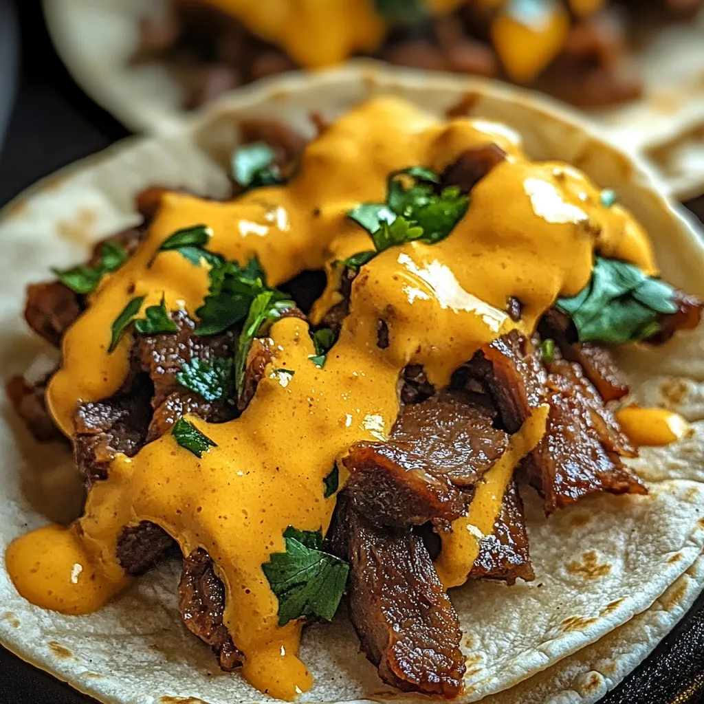 Tasty beef street tacos with melty cheese, bright herbs, and lime slices.