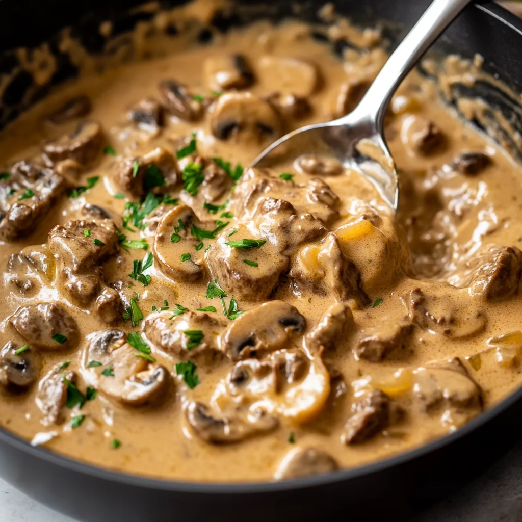 Creamy sauce and tender beef with mushrooms in one dish.