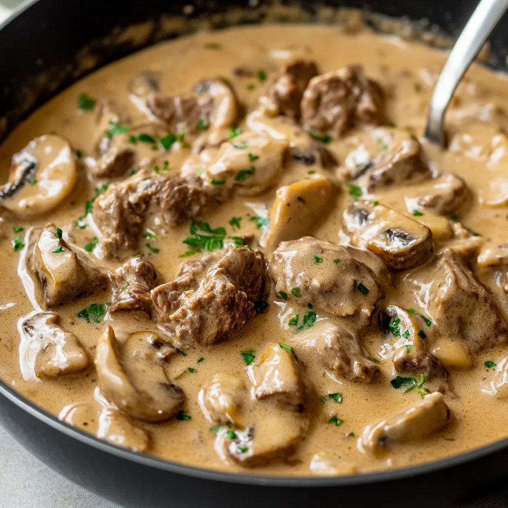 Comforting Beef Stroganoff with tender beef in creamy mushroom.